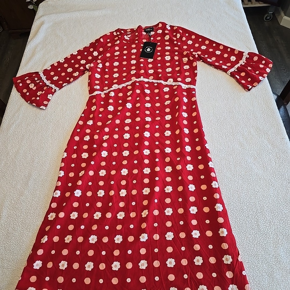 Red Polka Dot Midi Dress with Lace Trim - Picture 10 of 16